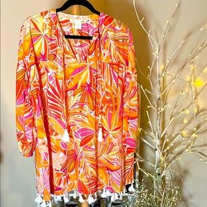 C&C California M Vibrant Pink and Orange Tropical Leaf Print beach/swim cover-up